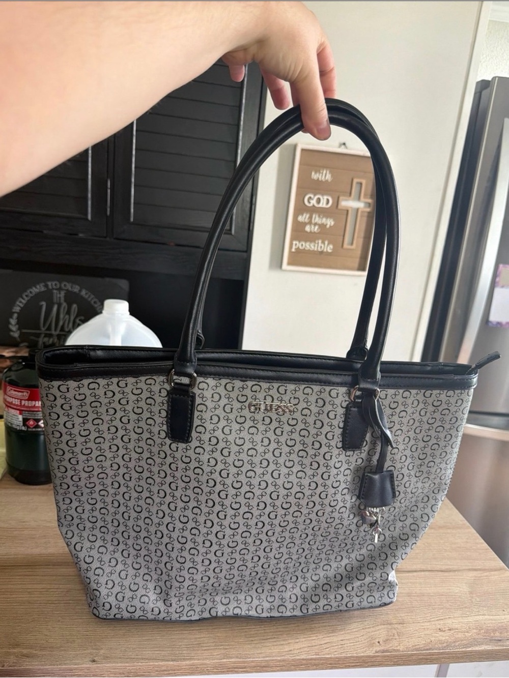 Guess Beige Monogram Tote with Black Trim